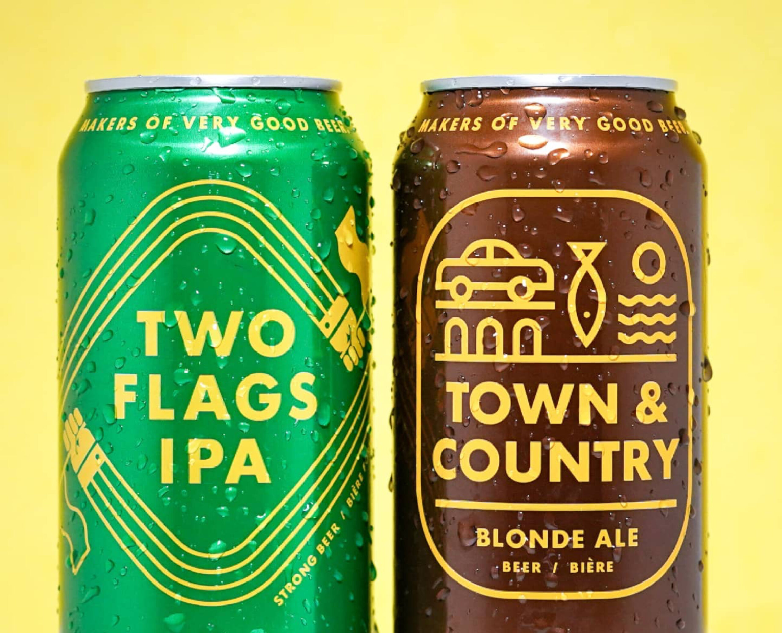 Image of the Northern Army designed Dominion City mainstay beers: Two Flags IPA and Town and Country Blonde Ale.